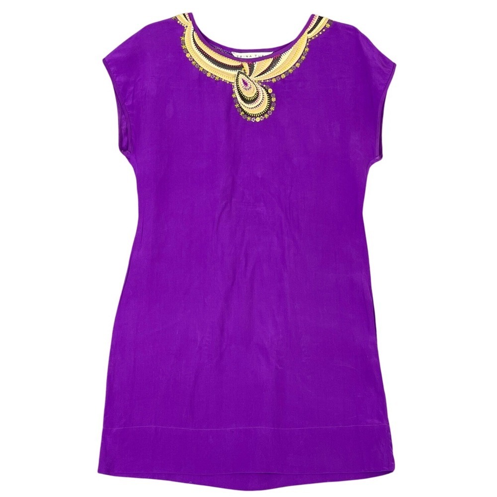 Trina Turk Dress Size 4 Purple Silk Embellished Bohemian‎ Mini Short